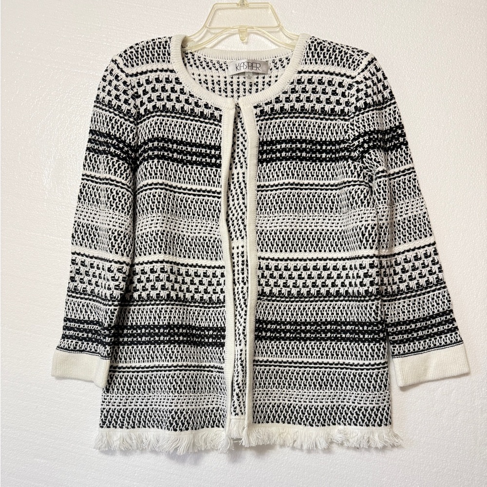 KASPER Black White Stripe Knit Open  Front Cardigan Sweater Small Fringe Hem‎